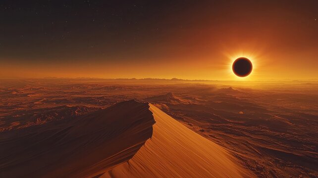 Dramatic Solar Eclipse Over Arid Alien Desert Landscape desert landscape dramatic arid solar eclipse