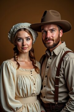Traditional American Couple in 19th Century Pioneer Clothing &ndash; Close-Up