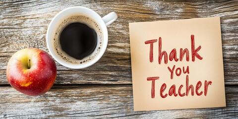 Overhead view of thank you teacher card apple and coffee cup on a rustic wooden surface table top