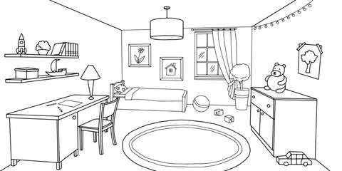 Children room graphic black white home interior sketch illustration vector 