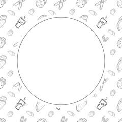 Food frame. doodle fast food circle frame. hand drawn food and beverage frame background. food background