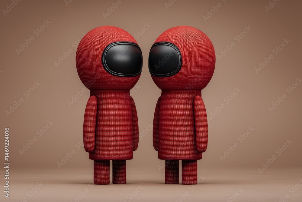 Poster two stylized red figures standing close together with minimalistic expressions showcasing unity and 