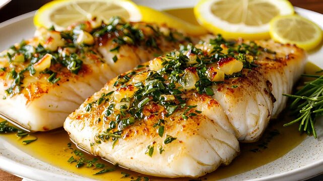 Pan-Seared Cod Fillets with Herb Butter Sauce on White Plate - Gourmet Seafood Dish Close-up