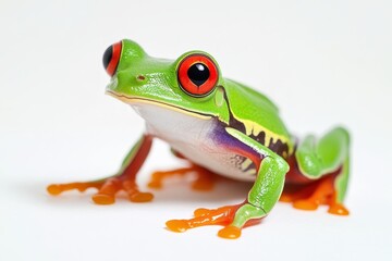Closeup of a red eyed tree frog Agalychnis callidryas against a white backdrop