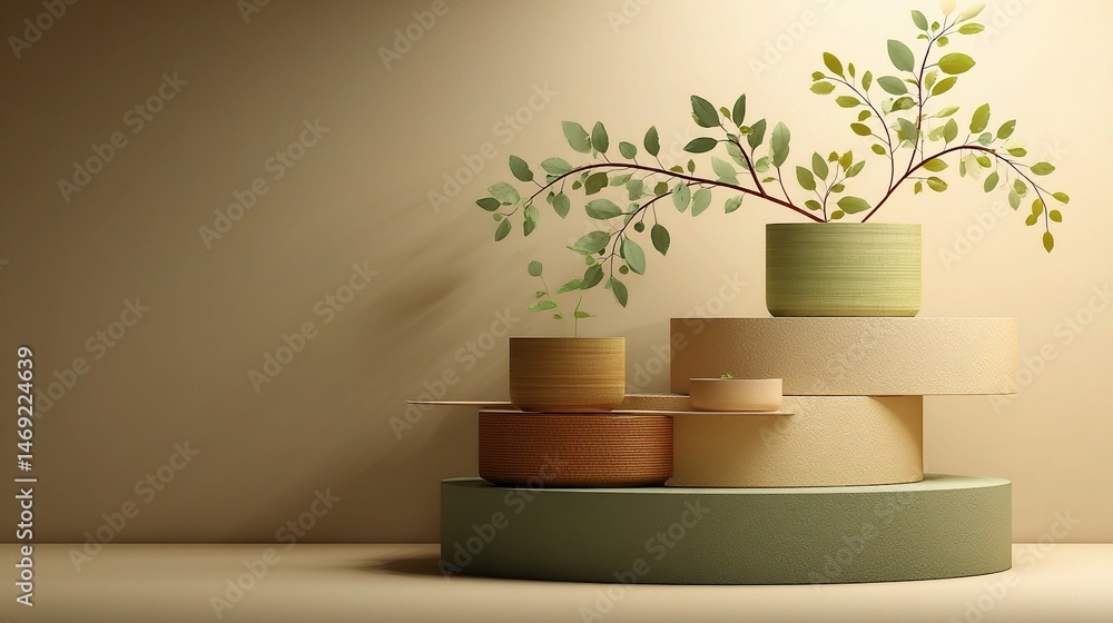 Poster minimalist display of layered platforms with soft earth tones