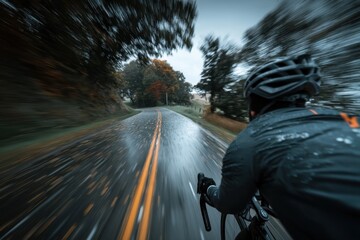 Naklejka premium Cyclist rides bike on empty rural road with double yellow line in autumn, motion blur, helmet and riding gear, outdoor exercise