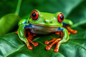 Naklejka premium Closeup of red eyed tree frog on green foliage
