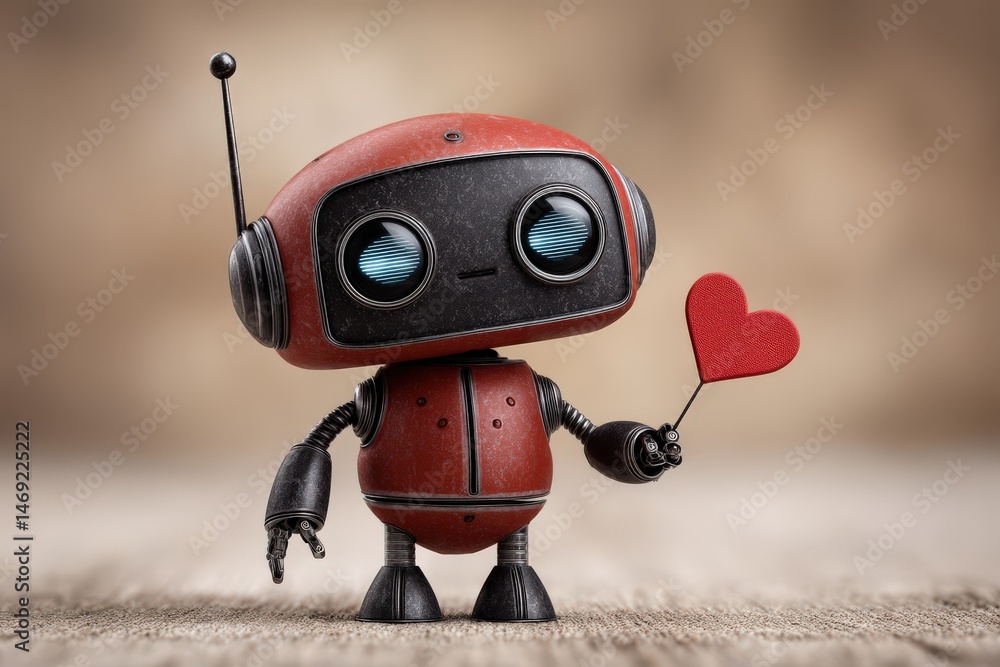 Poster playful robot holding red heart symbolizes affection and connection in an imaginative digital landsc