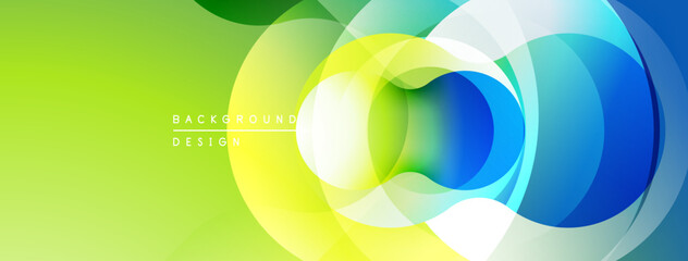 Abstract circles overlap, creating vibrant gradients. Green dominates left side, transitioning to blue right. Modern design element.