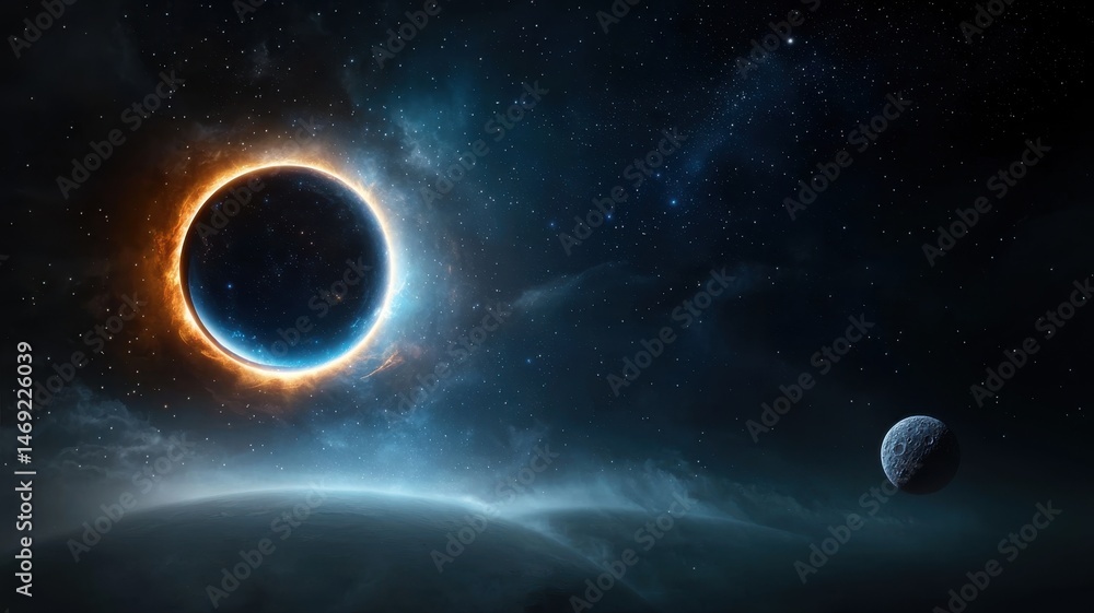 Poster cosmic eclipse in deep space with distant moon and nebula moon eclipse nebula cosmic distant cosmos