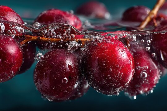 Cluster of Fresh Red Grapes Immersed in Clear Water with Bubbles and a Brown Branch, Under a Teal Background - Powered by Adobe