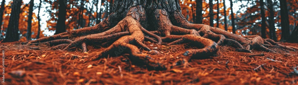 Poster tree roots in autumn forest with colorful foliage and textured ground.