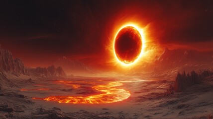 Dramatic Alien Landscape with Lava River and Giant Red Sun dramatic alien landscape lava river epic