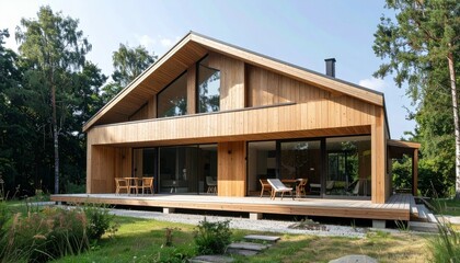 Fototapeta premium Modern Wooden House Surrounded by Lush Green Landscape in Daylight