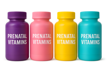 Four colorful bottles labeled Prenatal Vitamins in purple, pink, yellow, and teal. Concept Colorful Vitamin Bottles, Prenatal Health Supplements, Vibrant Packaging Design