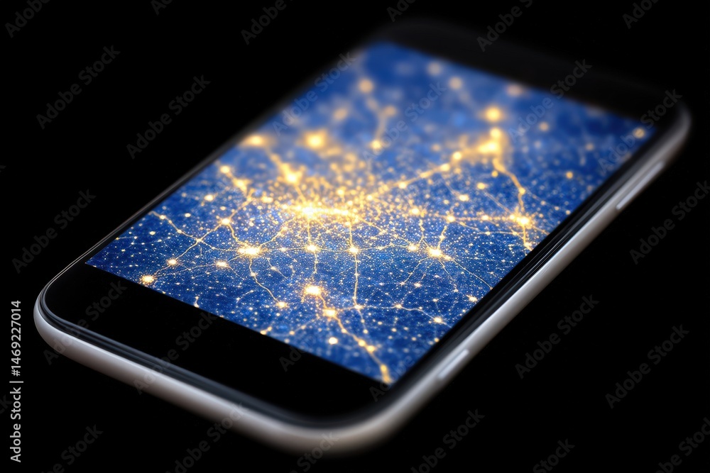 Poster modern smartphone with a vibrant digital network display glowing on the screen illustrating intercon