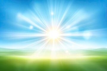 Obraz premium Bright sunbeams illuminating a vast grassy plain under a vibrant blue sky. Soft, gentle light casts a serene, peaceful atmosphere