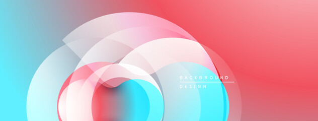 Abstract design features overlapping translucent circles. Gradient blends blue, pink, red hues. Minimalist aesthetic, modern composition.