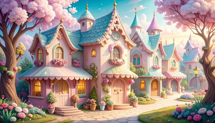 Obraz premium Enchanting Colorful Fairy Tale Houses Surrounded by Blossoming Trees