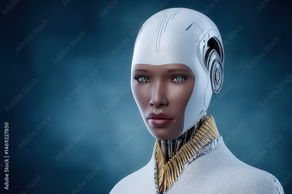 Poster futuristic humanoid robot with striking blue eyes and elegant metallic features showcasing advanced 