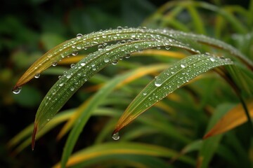 Delicate Green Grass Blade Adorned with Sparkling Water Droplets, Reflecting Natural Light and a Serene Outdoor Ambience