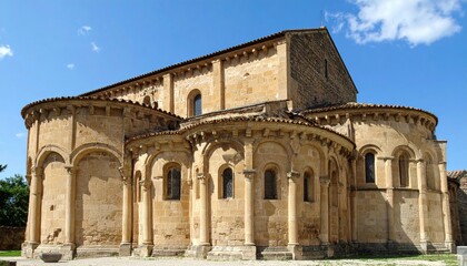 Fototapeta premium Historic Romanesque Church Architecture against a Clear Blue Sky