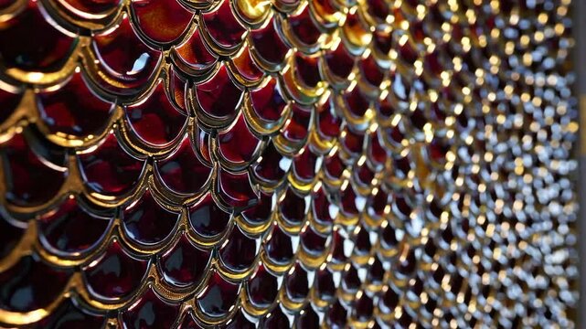Abstract light patterns reflecting on iridescent metallic scales for dynamic visual effects