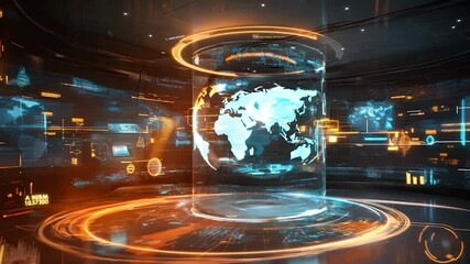 Global data visualization interface.  Dynamic holographic display with world map and multiple data streams - Powered by Adobe