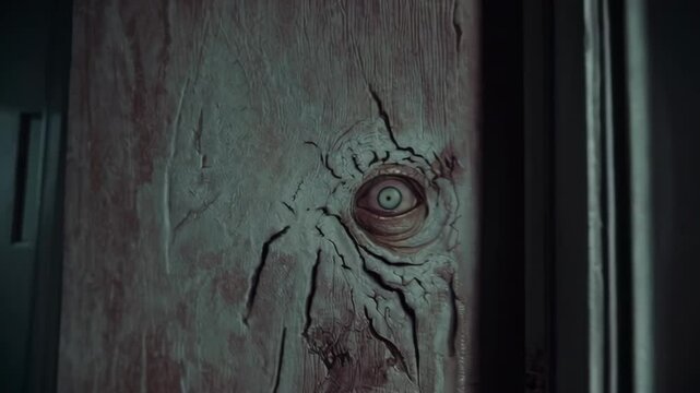 Eye watching from behind old door in abandoned asylum