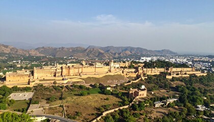 Fototapeta premium Majestic Fort Landscape with Mountains and Clear Blue Sky in India