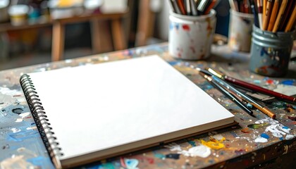 Blank Sketchbook on a Paint-Splatters Table