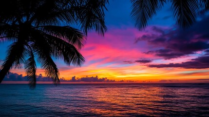 Vibrant Tropical Sunset Silhouette of Palm Trees Casting Shadows on Horizon