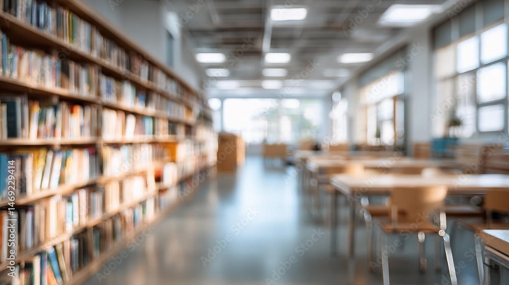 Poster abstract blurred interior of empty college library with tables