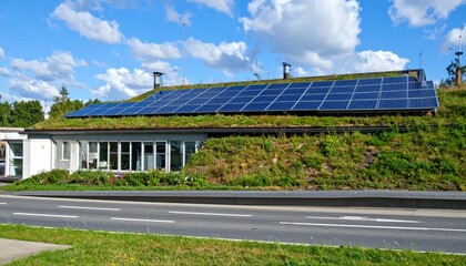Obraz premium Modern Building with Solar Panels and Green Roof Under Blue Sky