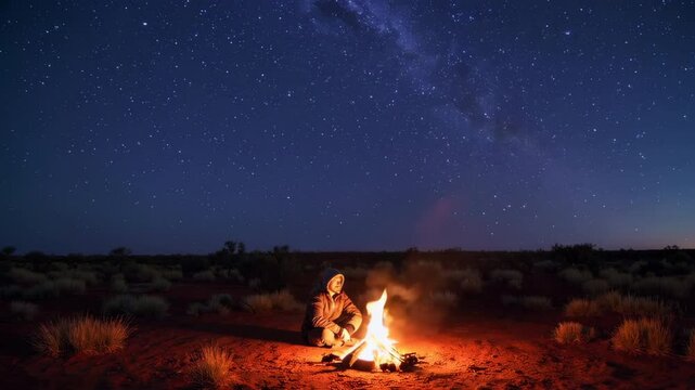 Hiker relaxing by campfire under starry sky