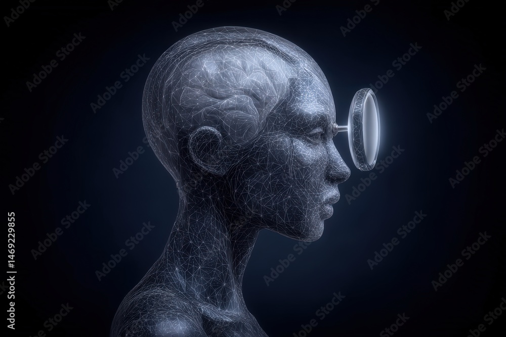 Poster an intricate depiction of a futuristic humanoid figure crafted from polygonal lines showcasing advan