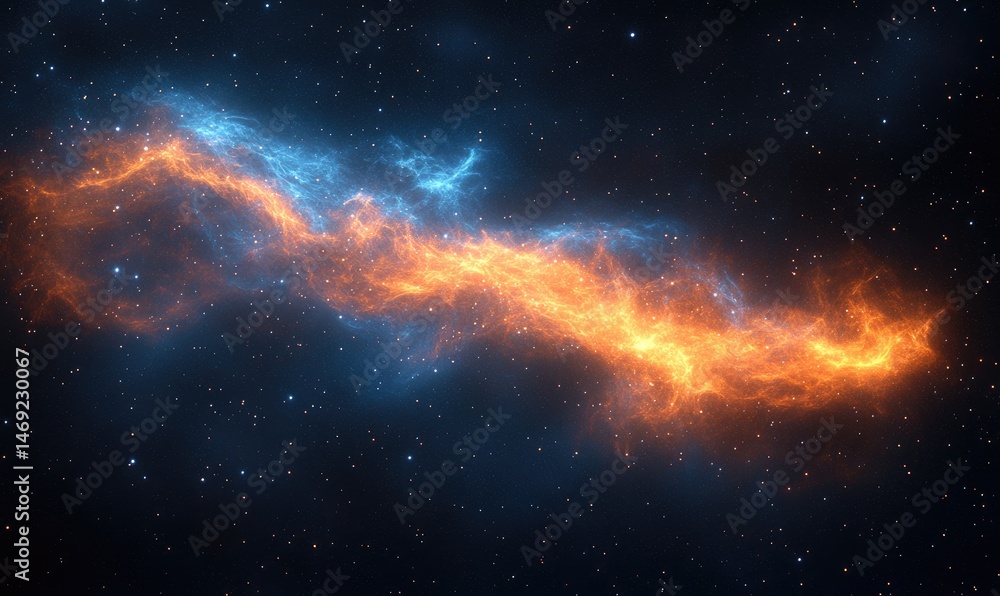 Poster celestial nebulae with fiery and luminous clouds.