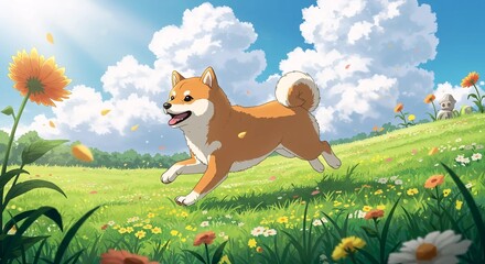 Joyful Shiba Inu Running Through a Sunny Meadow