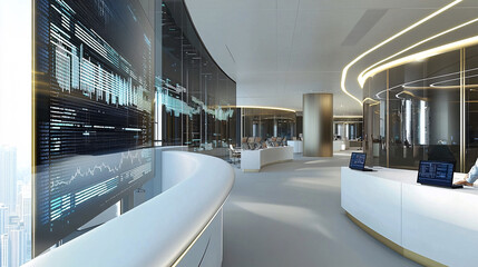 A futuristic financial trading floor powered by AI algorithms, showcasing advanced technology and digital trading systems.

