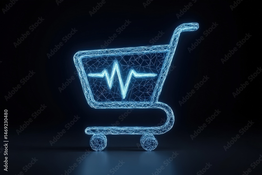 Poster innovative shopping cart design featuring heartbeat line demonstrating digital commerce and futurist