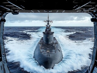 Dark warship cutting through choppy ocean waves.