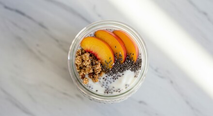 Overhead Shot of Healthy Breakfast in Glass Bowl with Peach Slices Granola and Chia Seeds on Marble Table
