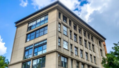 Obraz premium Modern Building Exterior with Glass Windows Against Blue Sky