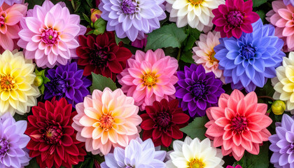 Seamless Pattern of Colorful Dahlia Flowers in Full Bloom