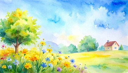 Serene Watercolor Landscape with Vibrant Flowers and Cozy Cottage