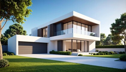 Modern Minimalist House with Large Windows and Green Landscape