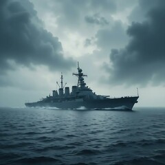 Warship sailing through misty waters with dramatic overcast sky