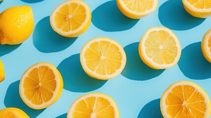 Obraz premium Bright Lemon Slices Pattern on Blue Background
