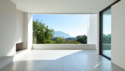 Obraz premium Bright Modern Interior with Scenic Mountain View and Open Space
