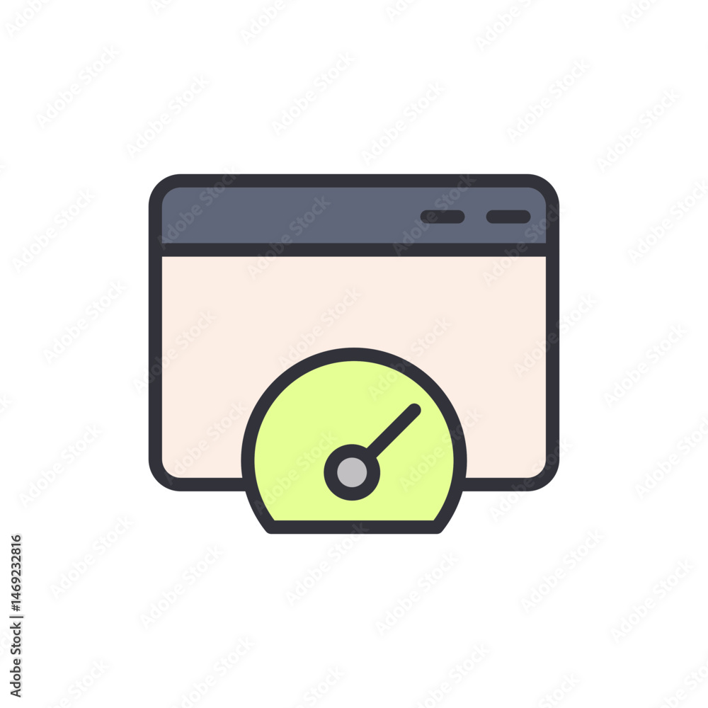 Poster browser with speedometer illustration, web performance optimization icon